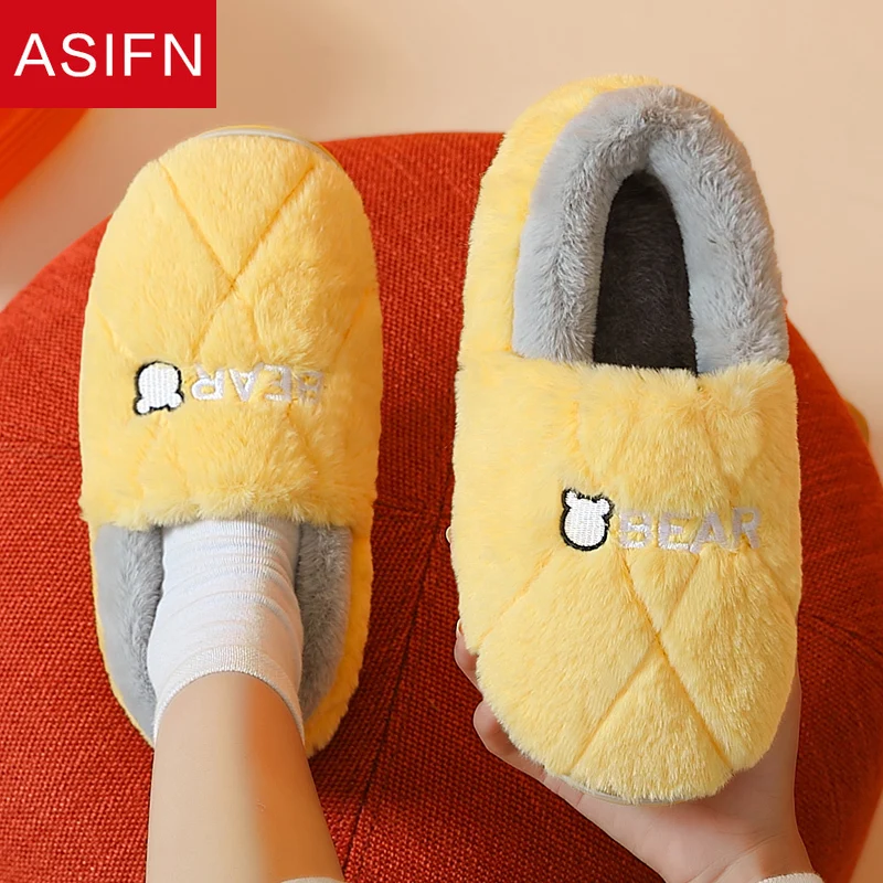 

ASIFN Home Cute Bear Women's Fur Slippers Keep Warm Lovely Design Plush Bedroom Girls Fuzzy Flock House Slippers Ladies Shoes