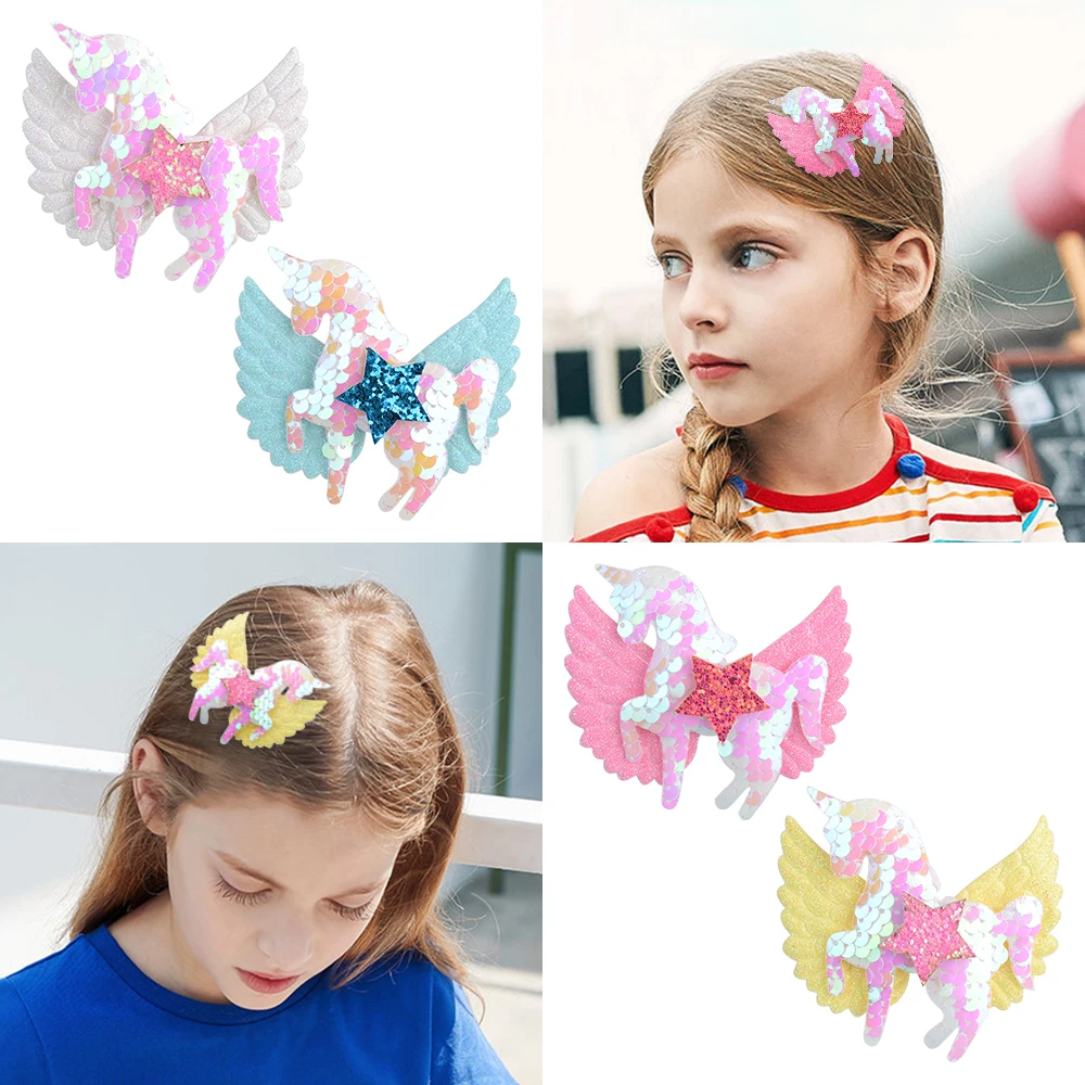 

3.3 Inches Unicorn Star Sequins Hair Bows For Kids Girls Boutique Hair Clip Glitter Shining Hairgrips Headwear Hair Accessories