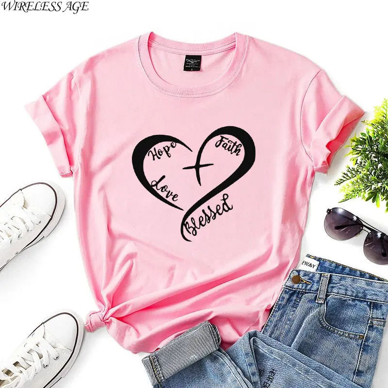 

WIRELESS AGE T Shirt Women Short Sleeve Round Neck Cotton Creativity Love Printed Loose Casual Women's Tops Summer Fashion Wild