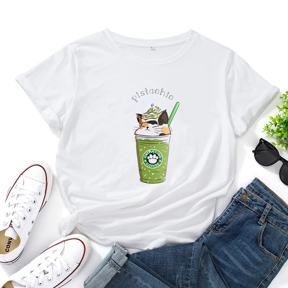 

Pistachio Catpuccino Graphic T Shirt Women Aesthetic Graphics O-Neck Tshirt WomenKawaii Animal Print Casual Tee Shirt Femme