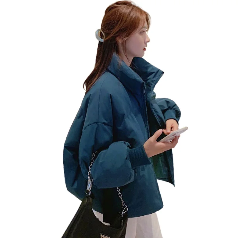 

Stand-up Collar Solid Color Bread Jacket Short Fashion Trend Student Warmth Regular Sleeve Zipper Slim Cotton Coat 2021 New T57