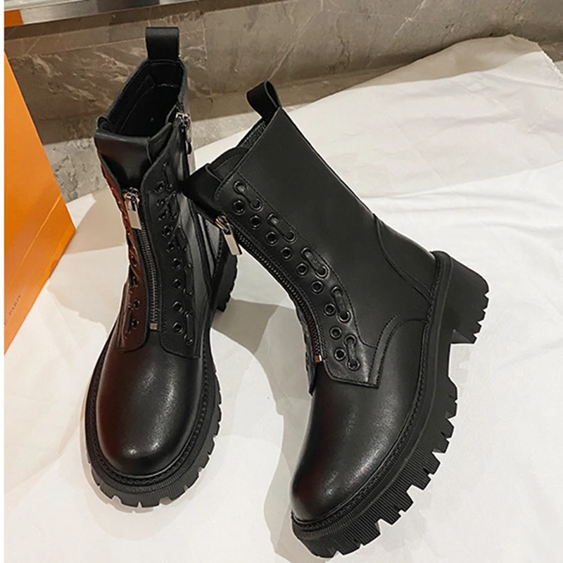 

Женские сапоги на толстой подошве, новинка осенне-зимнего сезона 2021, повседневные Универсальные женские сапоги из британской кожи для верх...