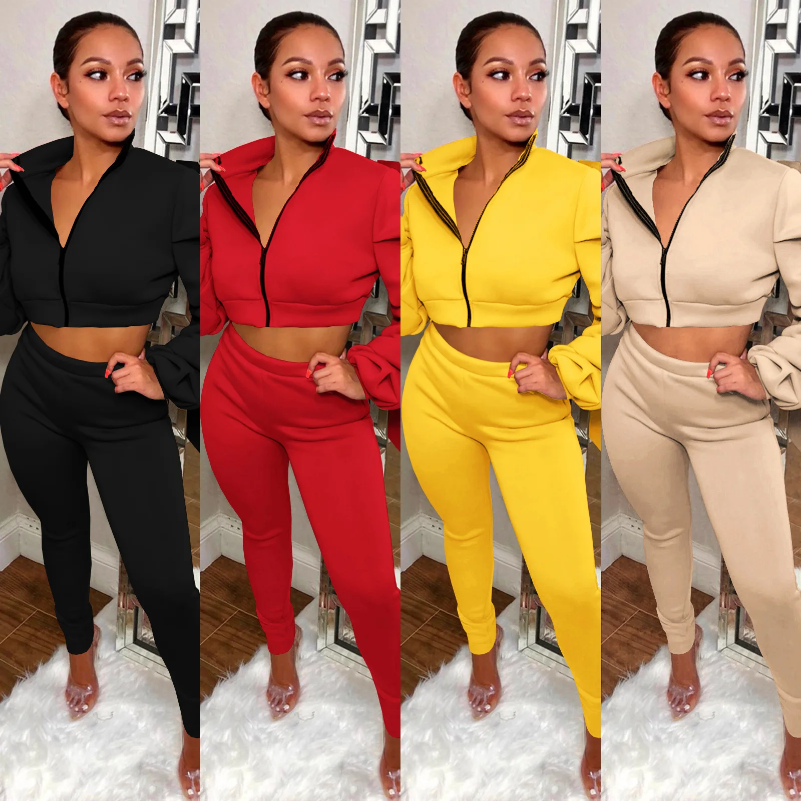 

6Y445 Autumn Women Casual Fashion Multicolor Air Layer Solid Color Stacked Sleeves Top and Pants Tracksuit Sweatsuit Outfits Hot