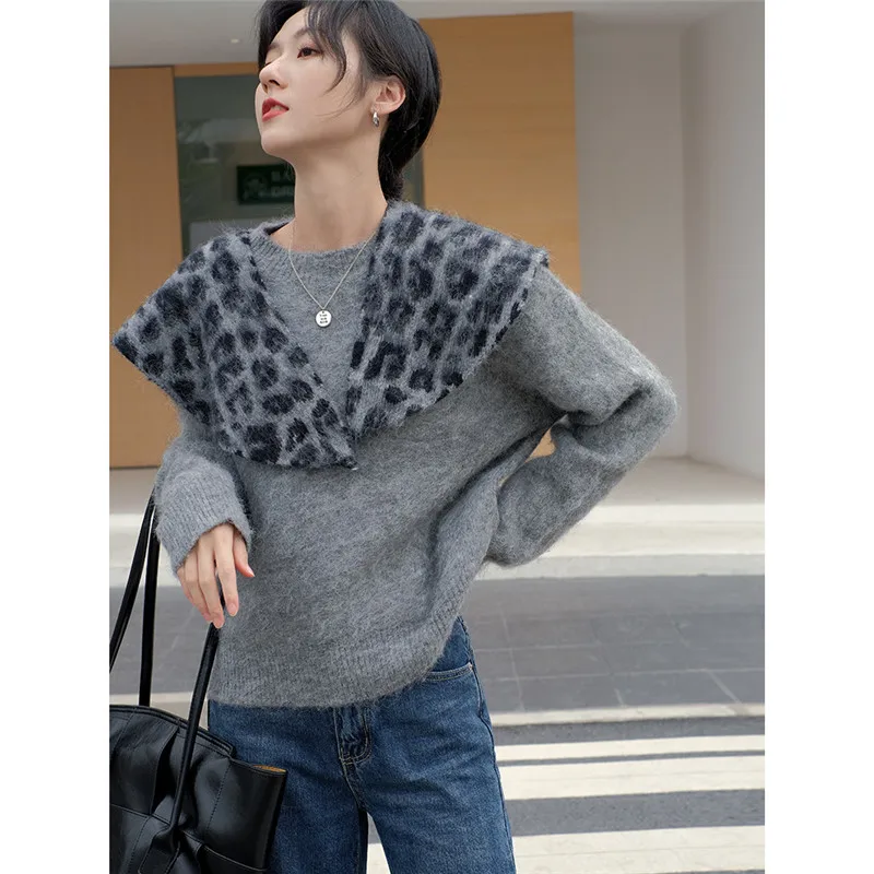 

2020 Autumn And Winter New Simple And Fashionable Leopard Print Shawl Round Neck Mohair Blend Solid Color Sweater Female C225