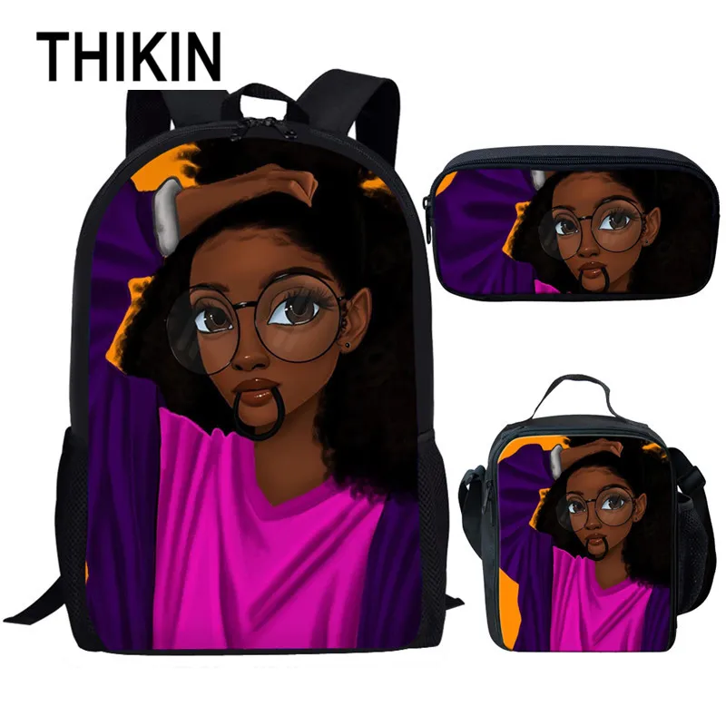 Школьный рюкзак для девочек-подростков с принтом тикин афро-черный 3 шт./компл. |