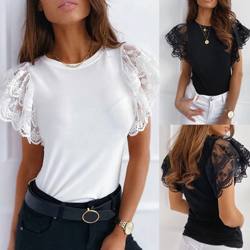 

Fashion Mesh O-neck Patchwork s Women Summer Office Lady Solid Lace Sleeve Petal Short Sleeve Female