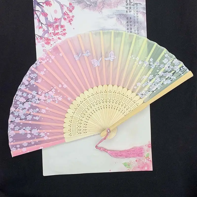 

Chinese Japanese Silk Folding Fan Wooden Shank Classical Dance Fan High Quality Tassel Elegent Female Fan Home Decoration