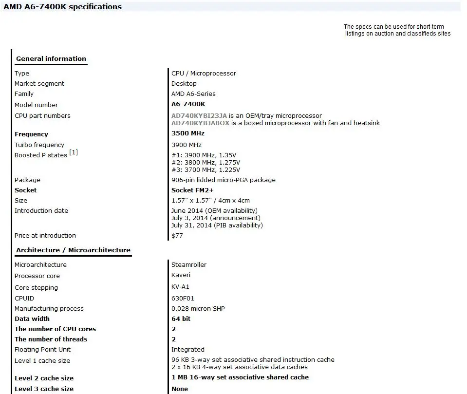Двухъядерный процессор AMD A6-Series A6 7400 7400K 7400B 3 5 ГГц APU 65 Вт AD740KYBI23JA Socket FM2 + |