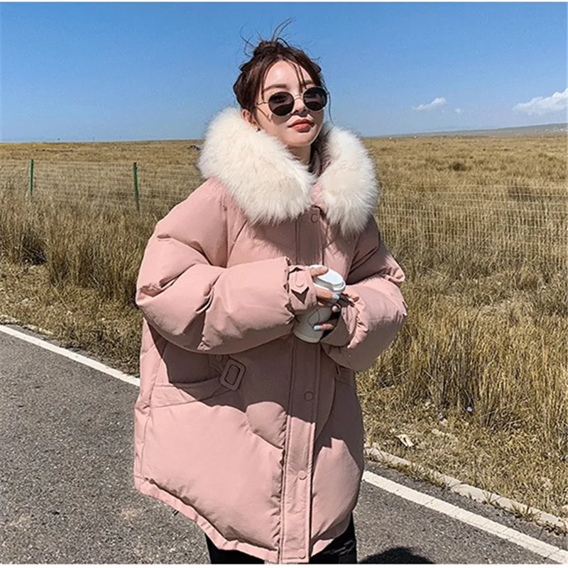 

Harajuku Down Jacket Women Fur Collar Hooded Winter Plus Size Middle Length Student Loose Parkas Ladies Padded Coat Tide S2286