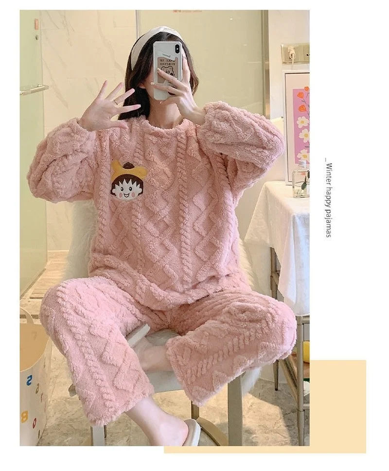 Pajamas Female Winter Coral Plush Thickened Plush Cute Cartoon Large Flannel Home Clothes Set  Pajamas for Teen Girls  Kawaii