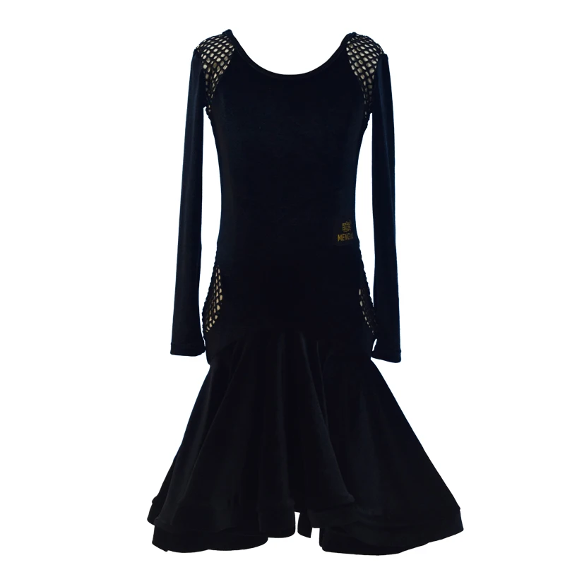 

Children Latin Dance Costumes Tango Practice Clothes Black Long Sleeve Mesh Dresses Girls Latin Competition Dresses DQL2581