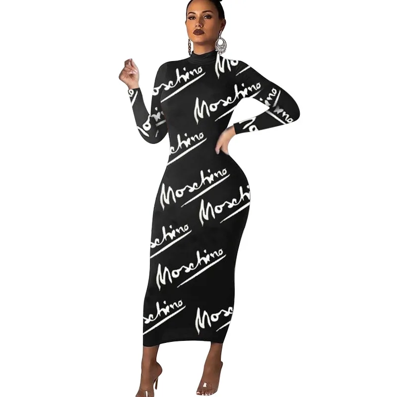 

INS Hot Recommend Style Black White Letter Printed Sheath Long Sleeve Dress Evening Party And Wedding Gowns Woman Dress