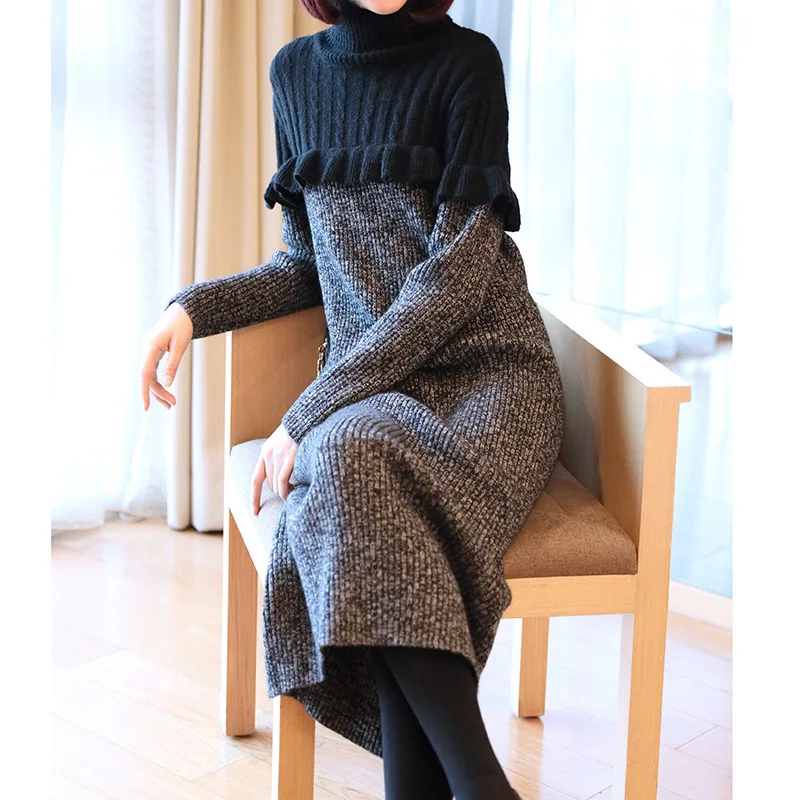 LANMREM 2020 платье с воротником стойкой в стиле пэчворк рюшами для женщин осень Witner