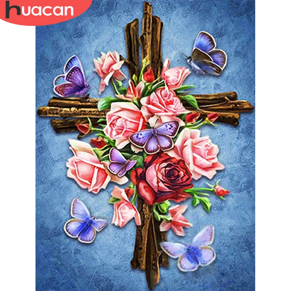 

HUACAN краска по номеру цветок Роза холст DIY рамка картина по номерам бабочка Акриловая Краска на холсте для дома 60x75cm