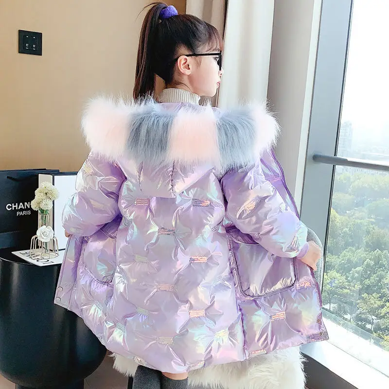 

2021 Fashion Girls Winter Coat Fur Hooded Parkas Children Thickening Warm Bright Winter Jacket For Girls Outwear TZ659