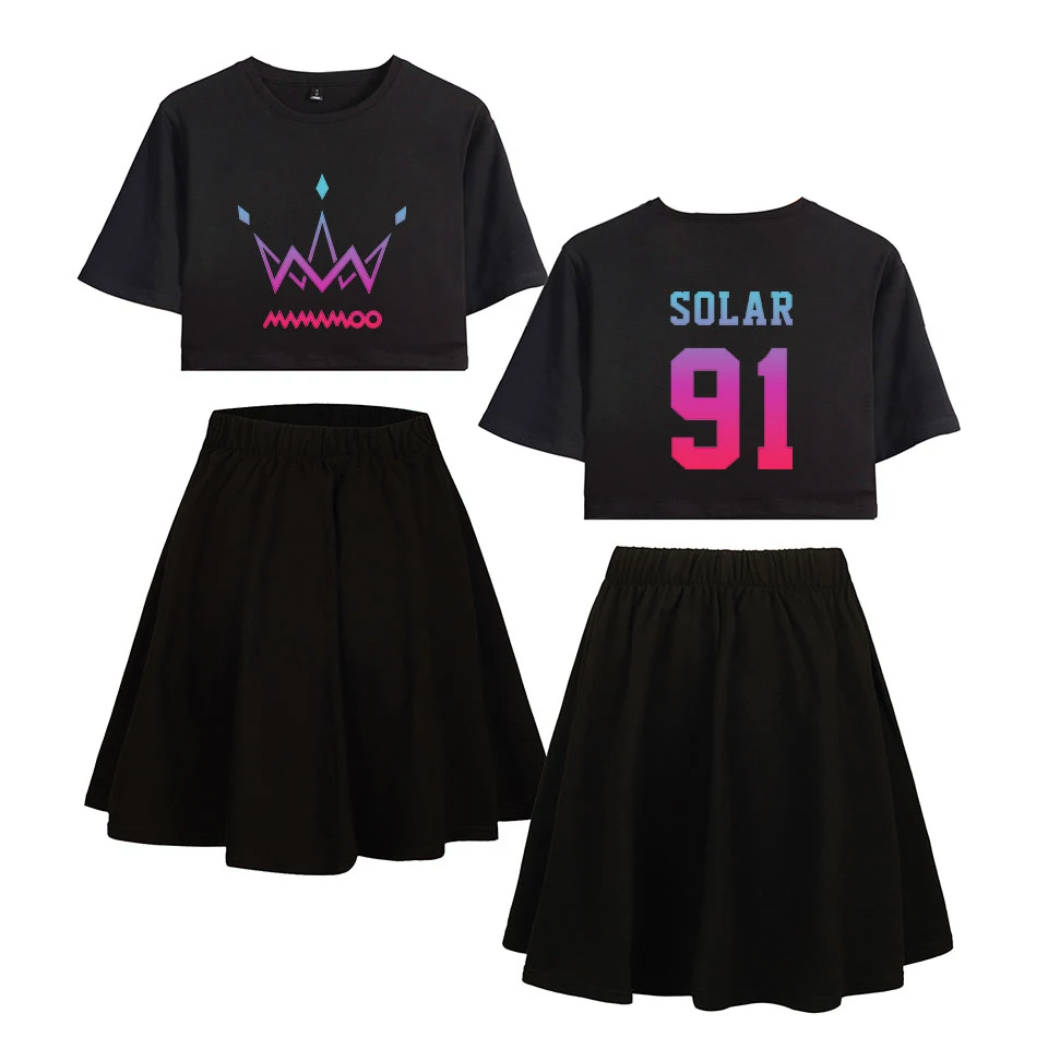 MAMAMOO print Street Basic 2 Pic Skirts Sets Short Sleeve+Short Skirt Fashion Casual cool Streetwear Summer Women Navel | Женская одежда