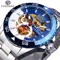 forsining mechanical mens watch top brand luxury automatic man watch stainless steel skeleton blue dial waterproof casual clock