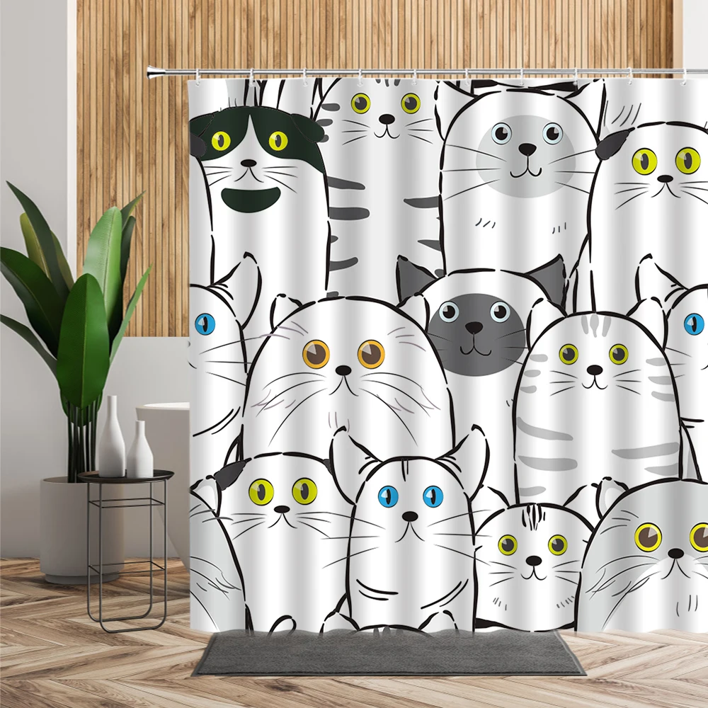 cartoon cute animal shower curtain set cat dog anime printed bathroom decor 3d waterproof bath fabric home curtains for children free global shipping