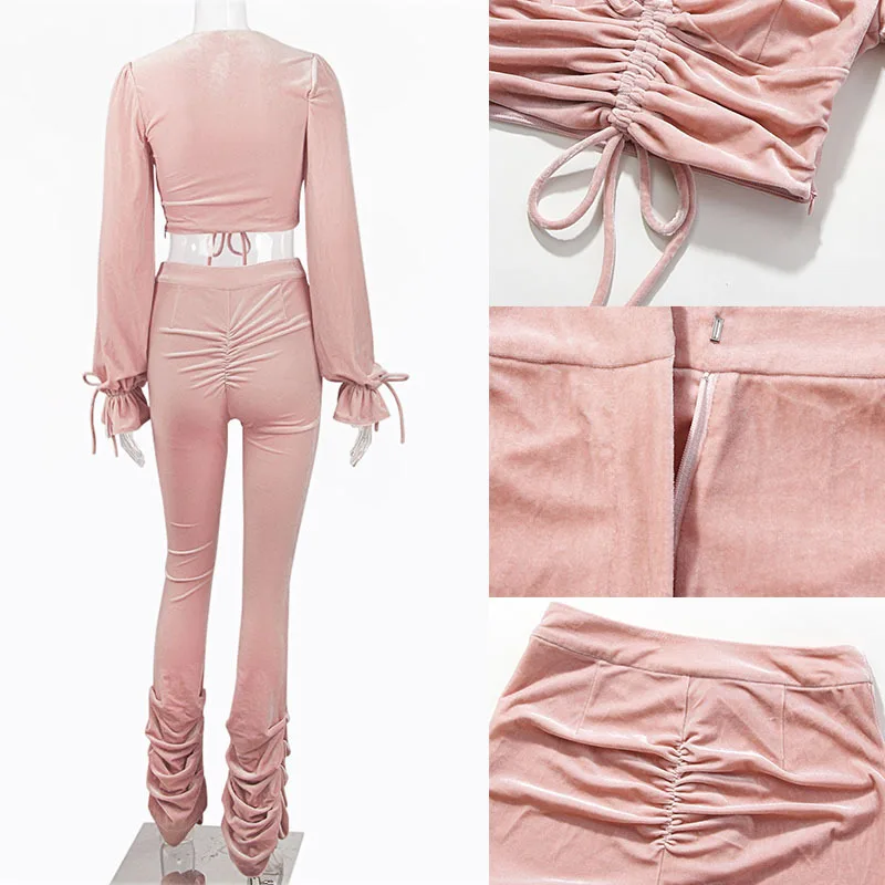 

Giyu Pullover Velvet Two Piece Set Women Sexy Bodycon Drawstring Crop Top Pants Set Autumn Winter Petal Sleeve V Neck Clubwear