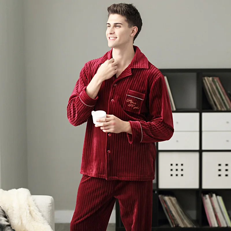 Men's Frankind Autumn Winter Red Home Set Island Velvet Plus Thick Warm Cardigan Festive Wedding Pajamas Sets Lounge Nightwear