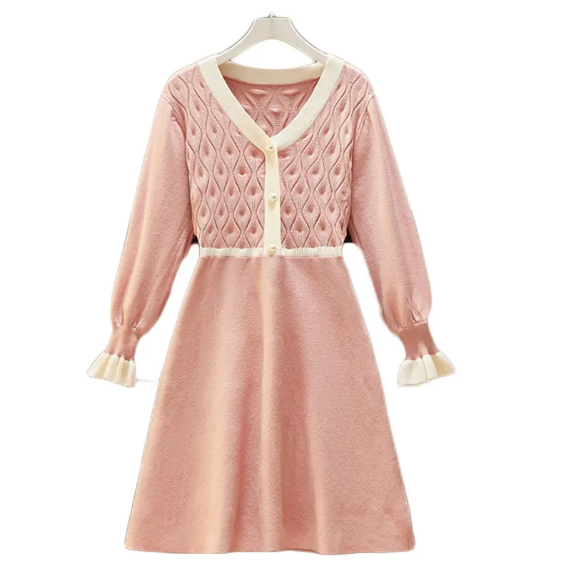 Женское платье с поясом на резинке длинным рукавом и V образным вырезом|Женские