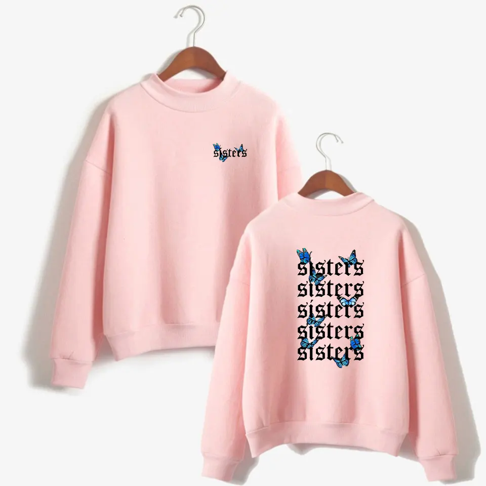 

James Charles Sisters Logo 2020 Harajuku Streetwear High Collar Sweatshirt Blue Butterfly Beautiful Printed Casual Turtleneck
