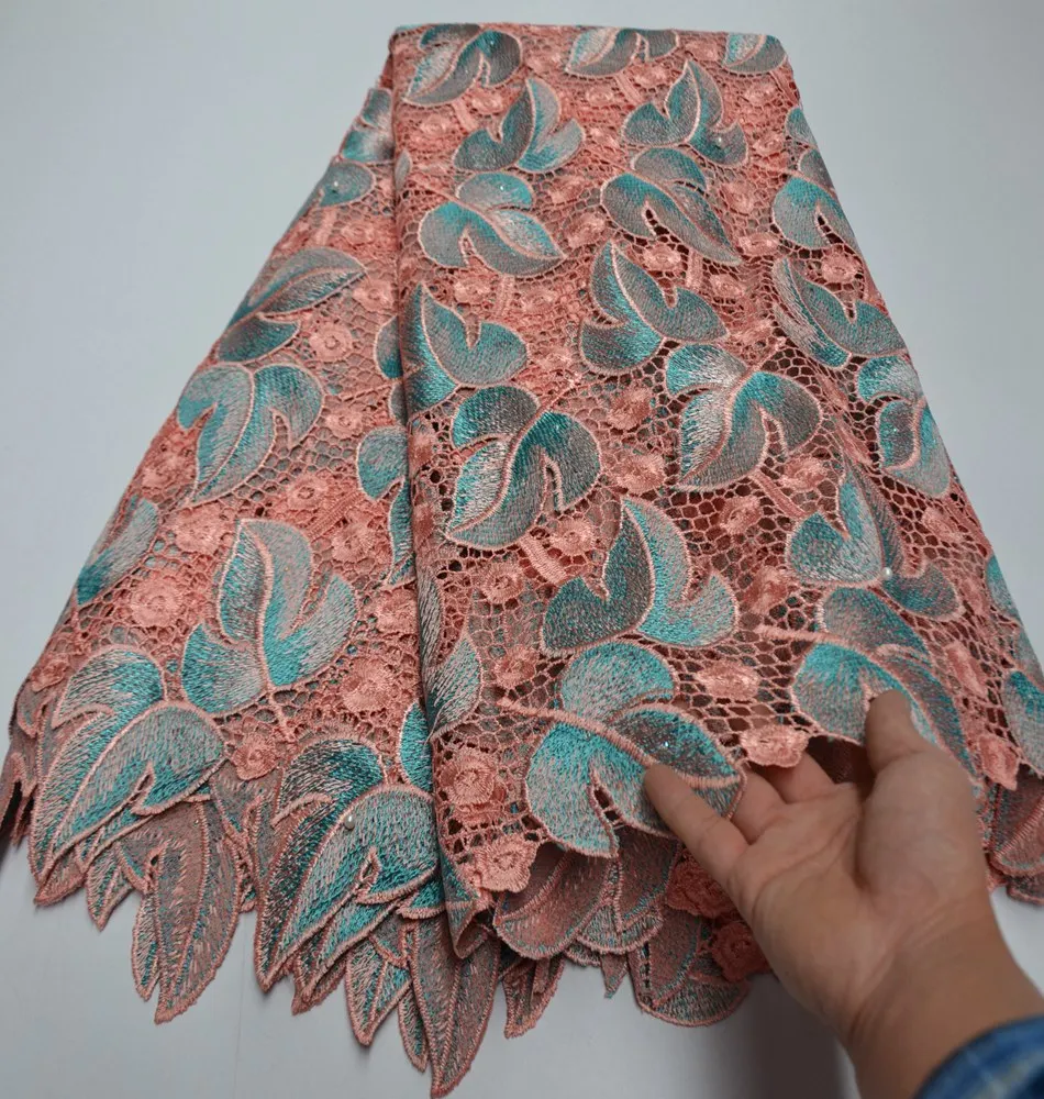 

2020 Newest Nigerian Water Soluble Lace Fabric 5 Yard Peach Guipure Lace Fabric With Stones Beads African Cord Laces