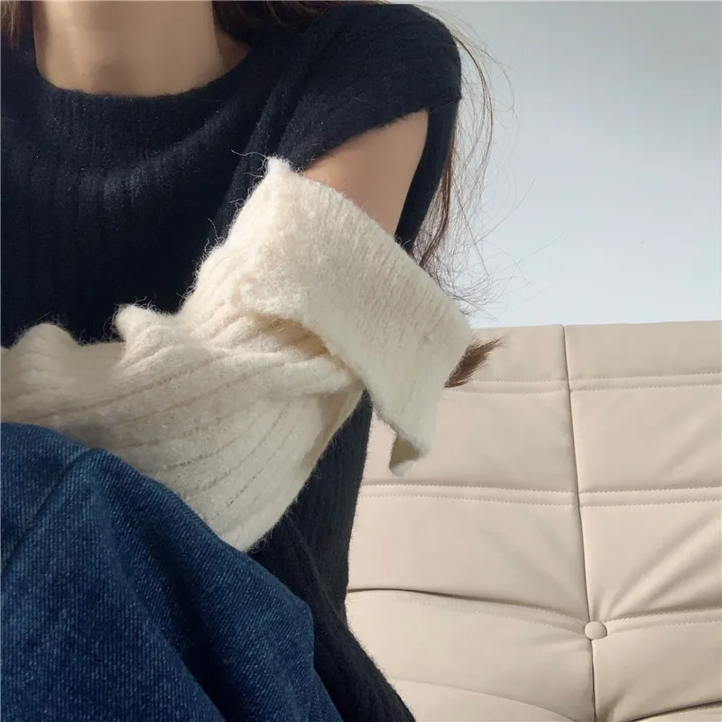 

off shoulder o-neck knitted Sweaters Female autumn winter Korean Women's Clothing patchwork long sleeve pullovers ladies tops
