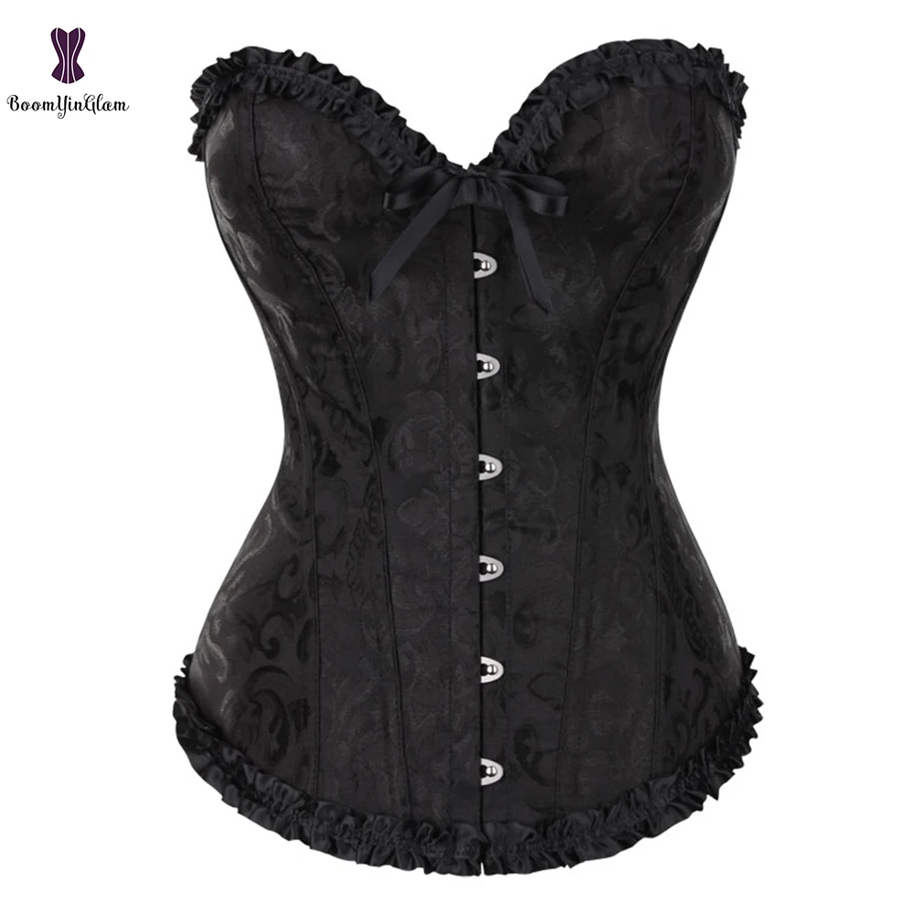 

Lace Up Black Corset Jacquard Floral Corsets Overbust Spiral Steel Boned Korset Front Busk Bustier Women Party Outfit Corselet