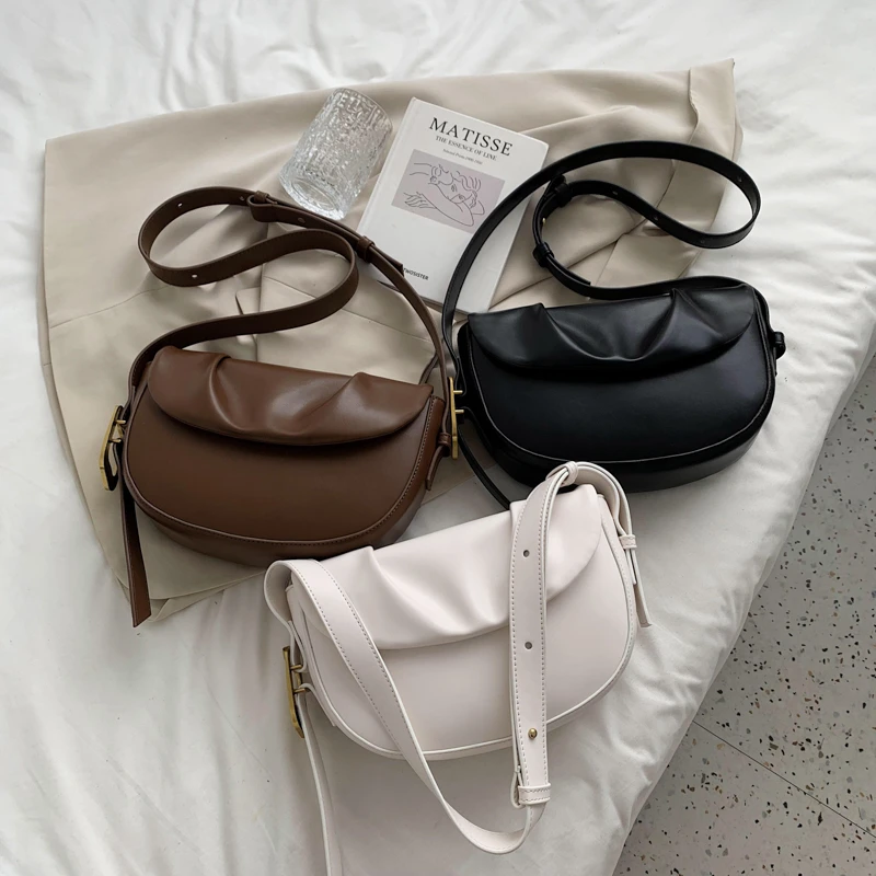 

2021 New PU Leather Saddle Crossbody Bags for Women Korean Fashion Female Luxury Brand Designer Baguette Shoulder Bags Handbags