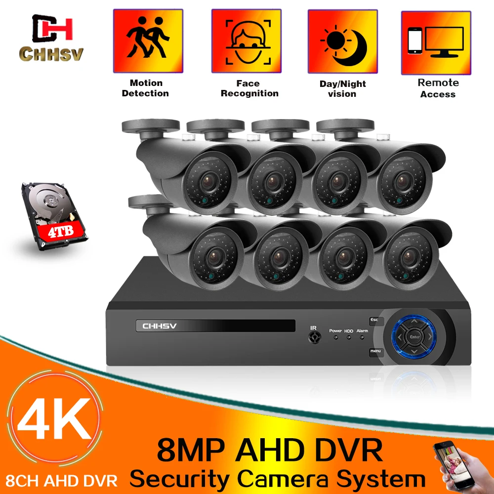 

8-Channel 4K Face Detection Video Security System DVR recorder Outdoor Weatherproof CCTV Camera System H.265+ Surveillance Kit