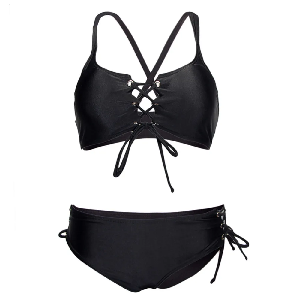 

Summer Sexy Women Bikini Set Black Drawstring Strap Hollow Chest Push Up Swimsuit Bathing Suit Beachwear Plus