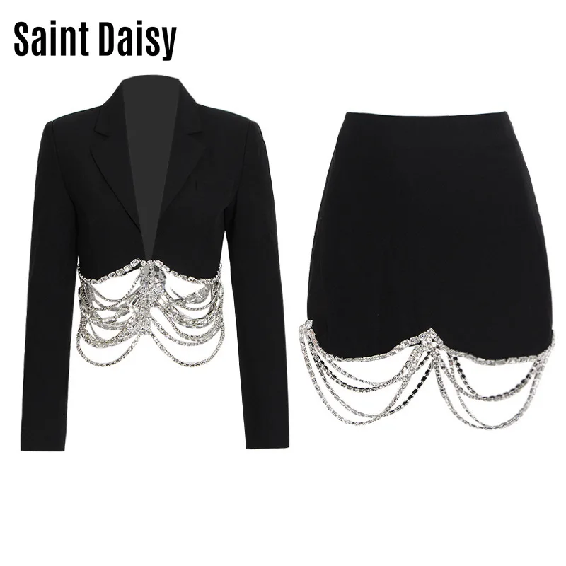 

Фотокостюм SaintDaisy женский черный сексуальный клубный комплект из двух предметов облегающий Летний Мини-костюм выше колена с отложным ворот...