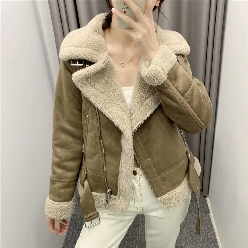 

New Winter Pop Women's Thickened Warmth Winter Retro Suede Lamb Wool Motorcycle Jacket Belt Casual Loose Faux Leather Jacket