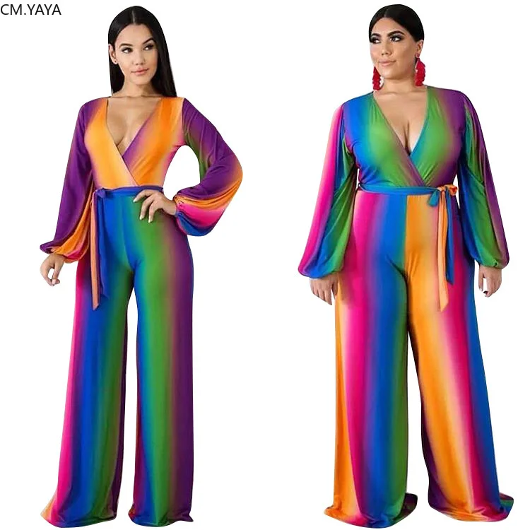 Женский комбинезон в радужную полоску Свободный с длинным рукавом и V образным