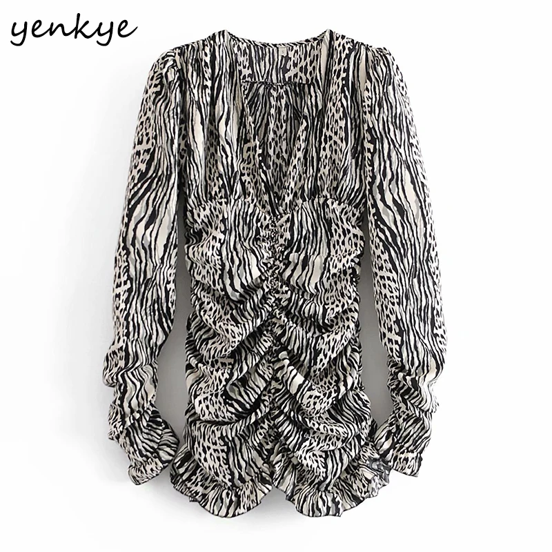 

Женское шифоновое мини-платье в полоску, с длинным рукавом и V-образным вырезом