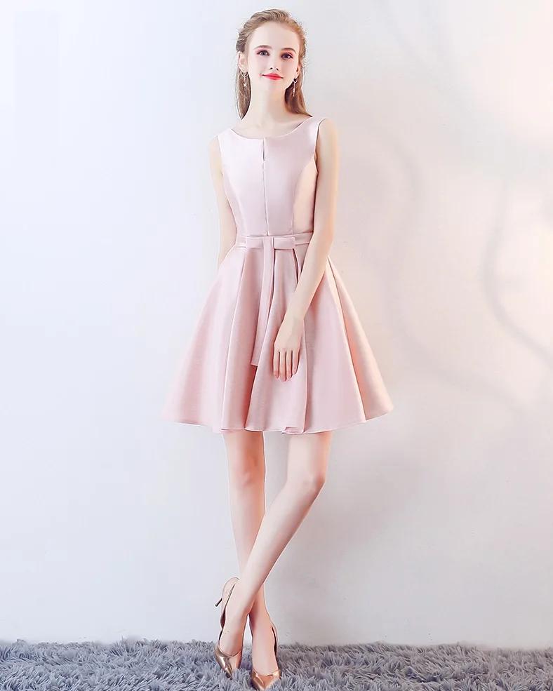 

Women's short formal prom evening dress Plus size O neck sleeveless satin A line pink wedding party dress Bespoke Occasion Dress