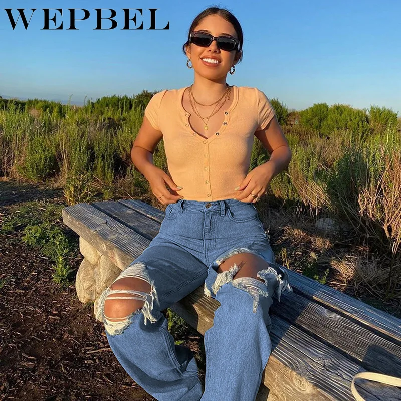 

WEPBEL 2021 Spring New Women High Waist Hole Denim Pants Ladies Elegant Ripped Loose Jeans Female Bleached Wide Leg Trousers