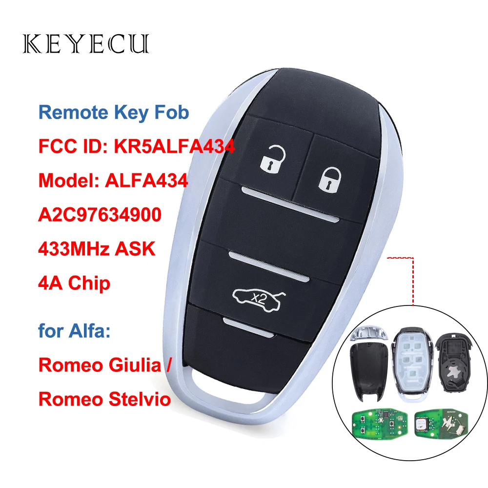 Keyecu inteligente mando a distancia de coche 433MHz ASK 4A para Alfa Romeo Giulia Stelvio 2015, 2016, 2017, 2018, 2019, 2020 A2C97634900 KR5ALFA434