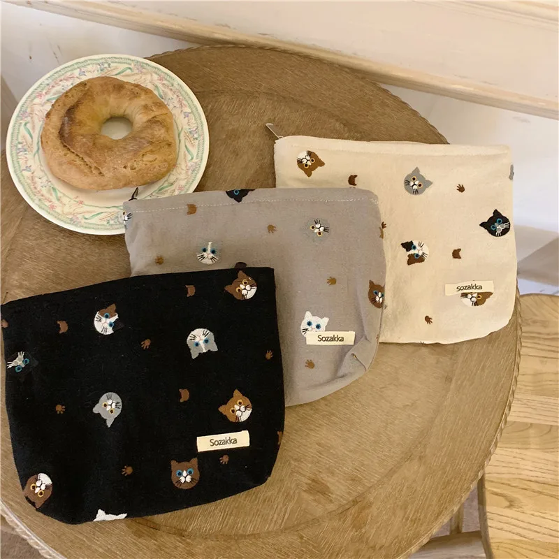 

Japanese Style Linen Make Up Bag Women Cartoon Cat Embroidery Cosmetic Bag Ladies Hand Bags Makeup Storage Organizer Pencil Case