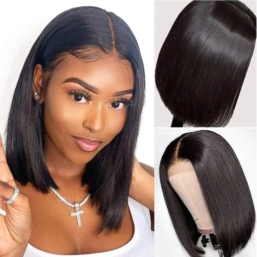 Short Bob Lace Front Human Hair Wigs 13x4x1 Curly T Part Lace Frontal Wig Water and Wavy Pre Plucked Straight Wig Natural Color