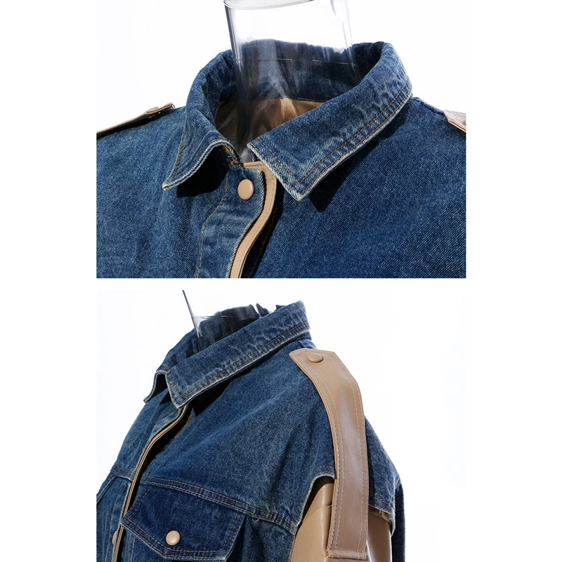 

Loose Fit Denim Leather Split Big Size Jacket Lapel Long Sleeve Women Coat Fashion Spring Autumn
