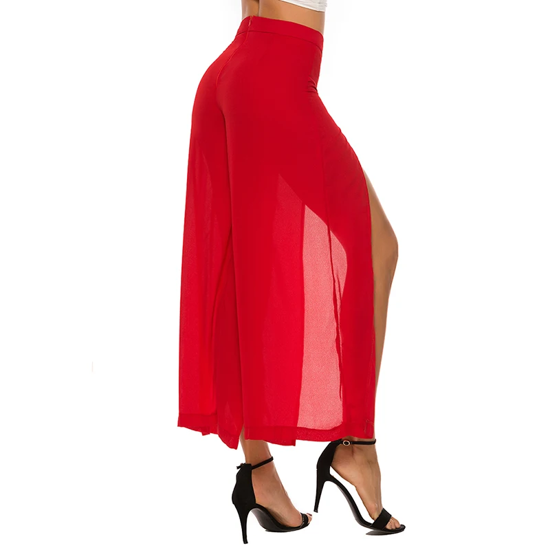 

Fashion Casual High Waist Loose Summer Pants Plus Size Sexy Split Women Pants Chiffon Wide Leg Trousers 2021