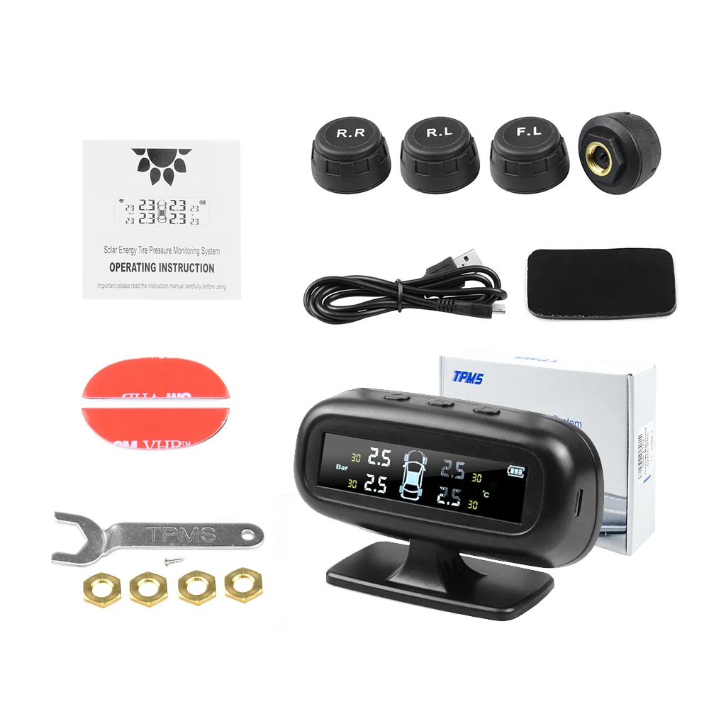 Солнечная энергия USB TPMS автомобильная система контроля давления в шинах lcd 4 внешние/внутренние датчики для внедороПредупреждение о температуре