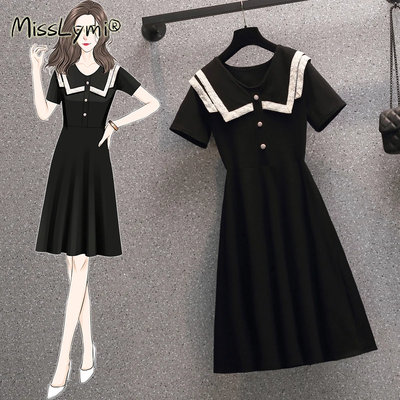 

4XL Plus Size Women French Vintage Black A-Line Dresses Summer 2021 Lace Patchwork V-Neck Short Sleeve Ladies Party Dresses