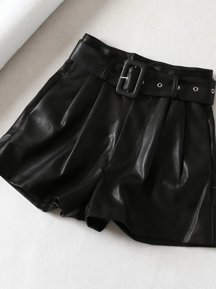 Женские черные 2019 из искусственной кожи с высокой талией поясом широкие шорты