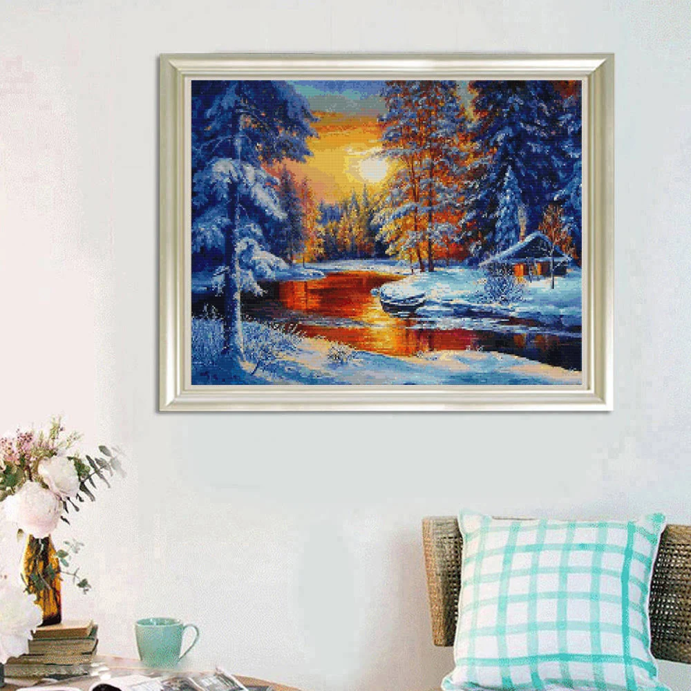 5d Diy Diamond Embroidery Forest Sunset Full Square Round Mosaic Snow Winter Painting Cross Stitch House Decor | Дом и сад