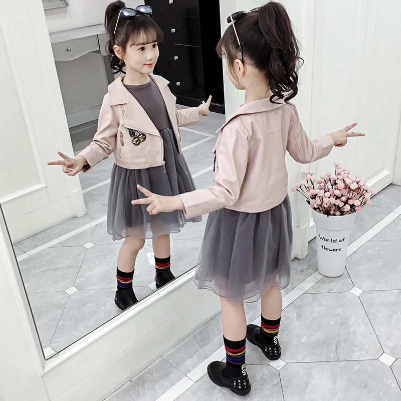 Одежда для девочек комплект одежды детей Изысканная осенняя одежда кожаная