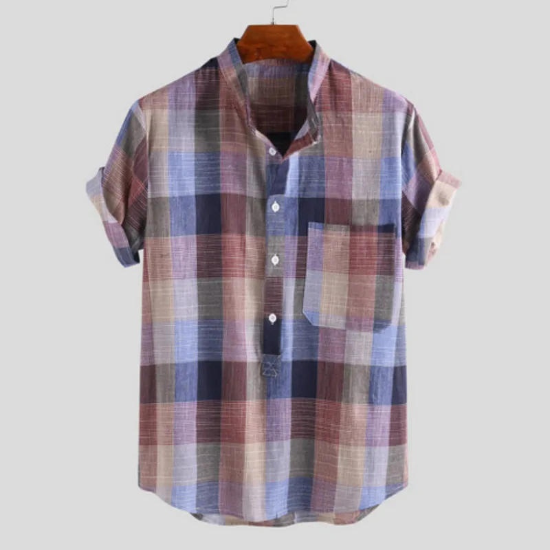

Retro Men's Shorts Sleeve Shirts Mandarin Collar Casual Pullover Half Button Loose Plaid Comfy Shirt For Summer with Pocket