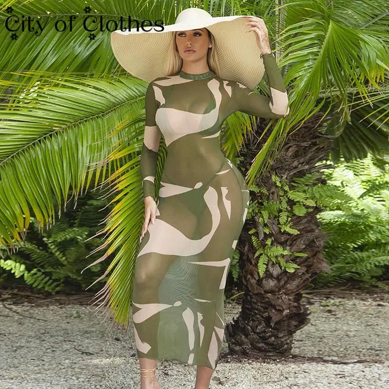 

2021 Print Long Sleeves O-Neck See Through Bodycon Maxi Dress Summer Women Fashion Beach Streetwear Outfit Y2K Robe Long Dresses